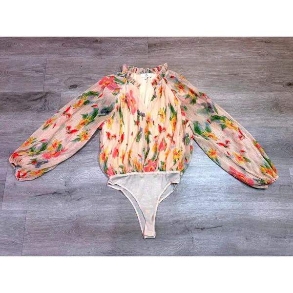 Entro Floral Chiffon Bodysuit Small Ruffle Neck Balloon Sleeve Cottagecore - Image 2