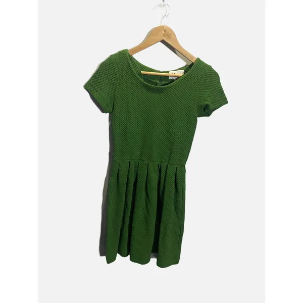 Ganni Textured‎ Mini Dress Womens XS Green Short Sleeve Pleated Fit Flare Scandi - Image 3