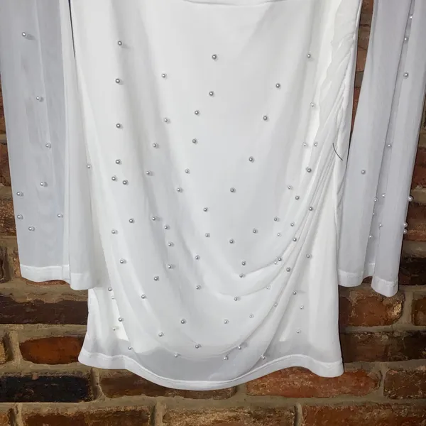 NWOT Lulus Flirty Luxury Ivory Mesh Pearl Long Sleeve Mini Dress Size Large - Image 6