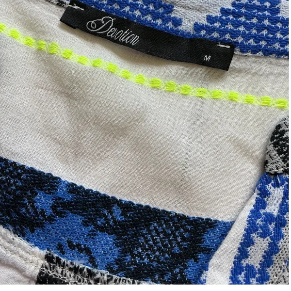 Devotion Twins Ella Dress Blue White Neon Yellow Embroidered Tiered Tunic Medium - Image 6