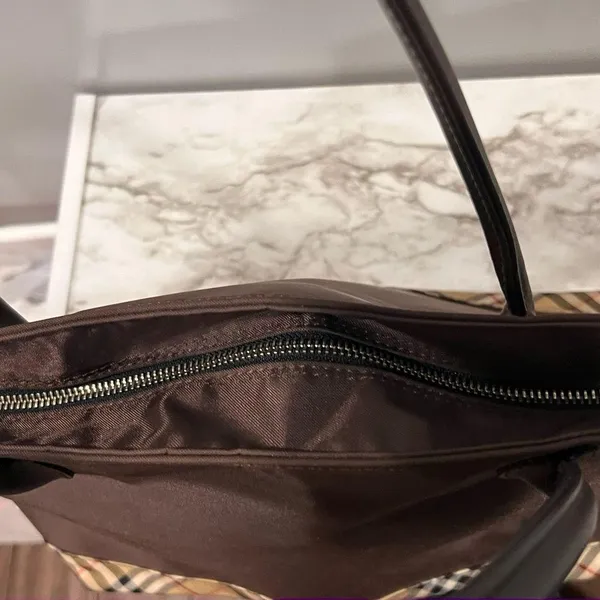 Auth BURBERRY BLUE LABEL Tote Bag Nova Check Brown Nylon Black Leather - Image 4