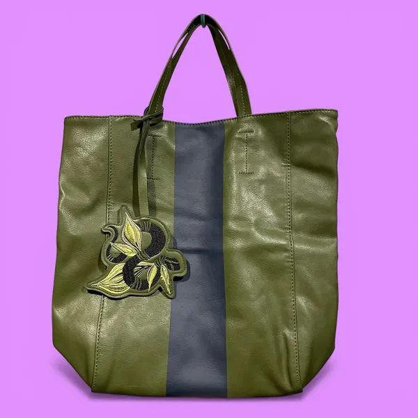 Cute olive stripe boujee Saks vegan leather shopper tote floral bag tag - Image 2