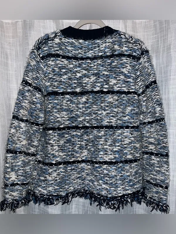 NWOT Hale Bob Amelie Genoveva Boucle Cardigan size large navy white fringe - Image 10
