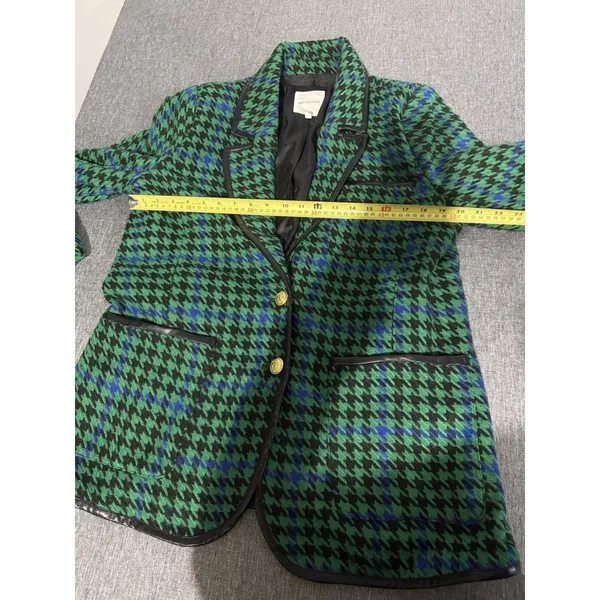 Avec Les Filles Women Houndstooth Leather Trim Blazer Jacket L Chic Plaid 70s - Image 8