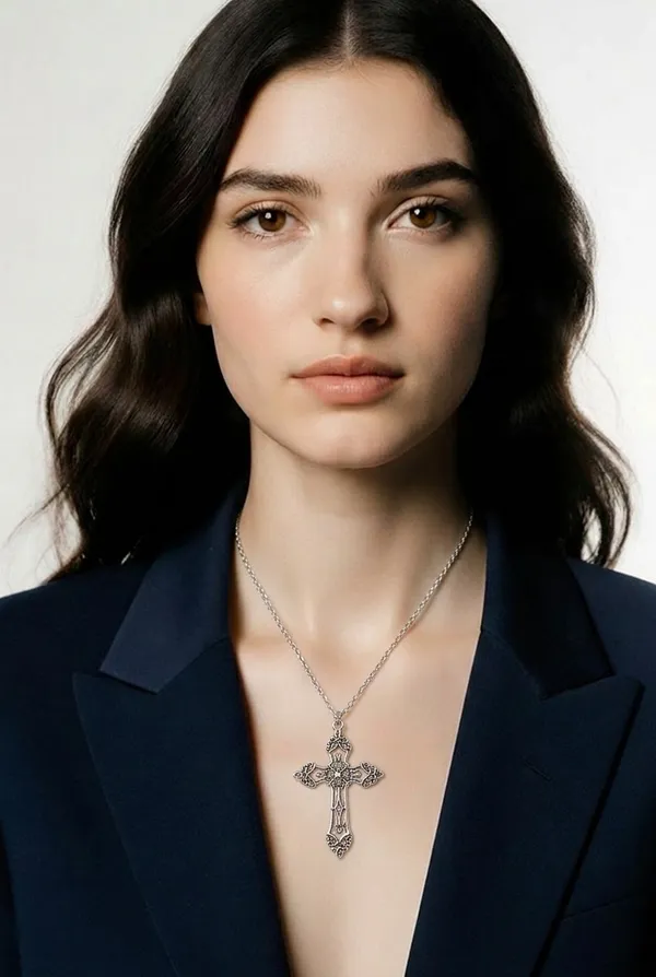 &merci Vintage/Gothic Design Cross 24” Pendant Stainless Steel Silver Necklace - Image 2