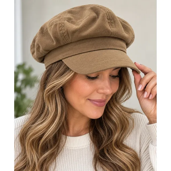 Angela & William Tan Khaki Cotton Newsboy Cap Baker Boy Hat CB4132 - Image 2