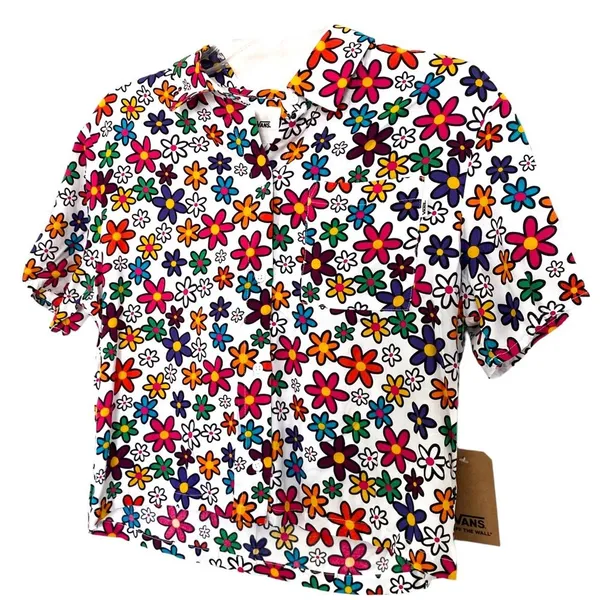Vans Daisy Stacked Colorful Retro Short Sleeve Button-Up Shirt Size S - Image 4
