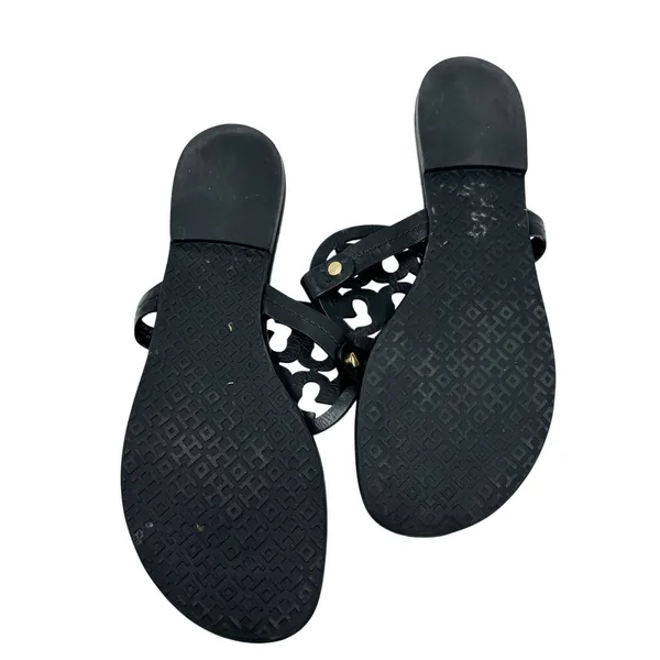 Tory Burch Miller Sandal Black Leather Logo Medallion Thong Flat Size 9.5 - Image 5