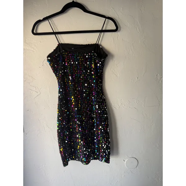 Bear Dance NWT Sparkly Sequin Mini Dress Spaghetti‎ Straps Blk Rainbow Party Clubwear Disco - Image 5