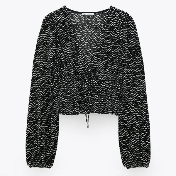 Zara Pleated Surplice V Neck Faux Wrap Blouse Top Polka Dots Long Sleeves Medium - Image 2
