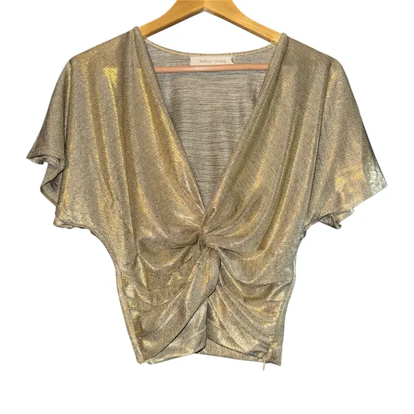 Bishop + Young By Anthropologie Twist-Front Shimmer Crop Top‎ Women's Size Small - Image 2