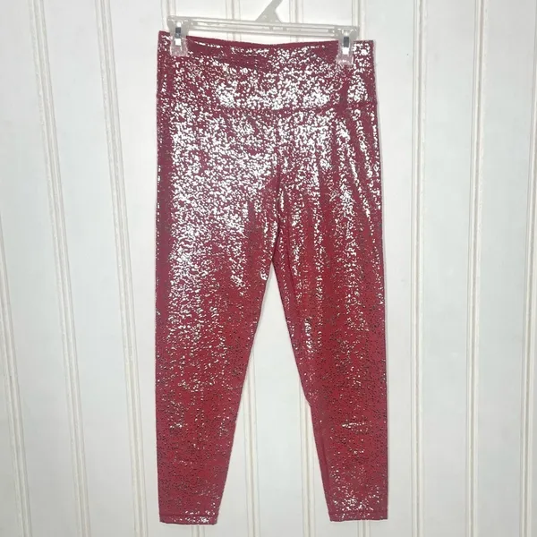 Sweaty Betty High Waist 7/8 Metallic Foil Splatter Leggings Red Silver M 393 - Image 6