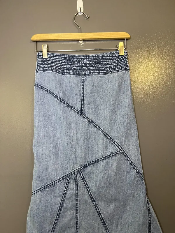 Urban Outfitters Skirt Womens XS Blue Denim Trumpet Long Asym Hem Boho Frayed - Image 6