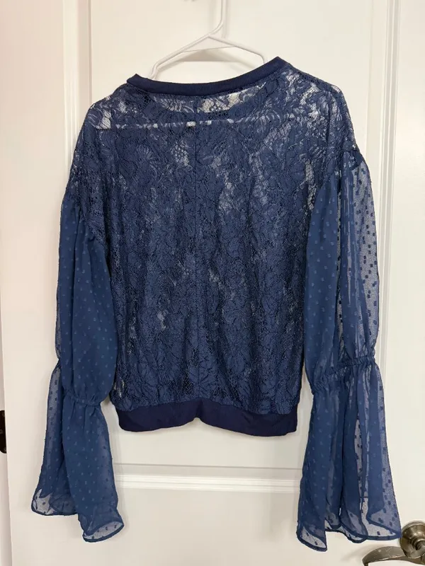 Free People Navy Lace Bell Sleeve Top Women’s XS - Image 7