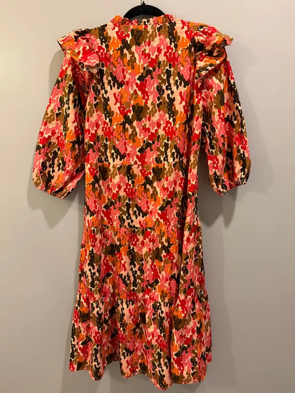 Mudpie V-Neck Ruffle Detail Patterned Midi Dress Pink Orange Multi - Image 5