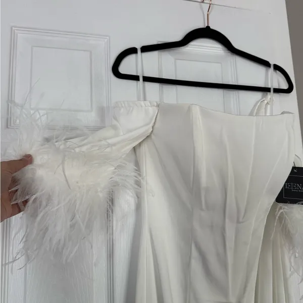 Mac Duggal Long Off Shoulder Feathers Formal Bridal Gown - Image 4