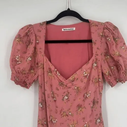 Reformation Midi Dress Luciana 0 Pink Floral Lace‎ Up Back Cottagecore Romantic - Image 3
