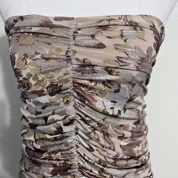 NBD Strapless Floral Foil Ruched Mini Dress - Image 4