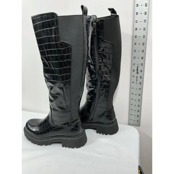 Womans New Teaieui Knee High Fashion Platform Riding Boots 8.5 Black Lug Heel - Image 2