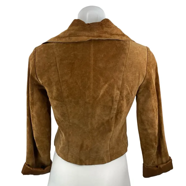 Women's Brown 100% Genuine Leather Long Sleeve Collared Crop Moto Coat Jacket S - Image 4