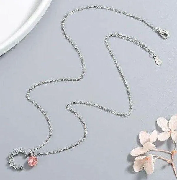925 crescent strawberry crystal necklace women's high-end light luxury 2023 new style peach blossom clavicle chain ins lettering - Image 13
