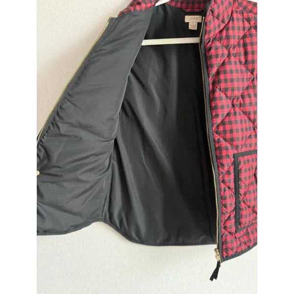 J.Crew Down Puffer Vest Womens Small Black‎ Red Gingham Printed Quilted Full Zip - Image 7