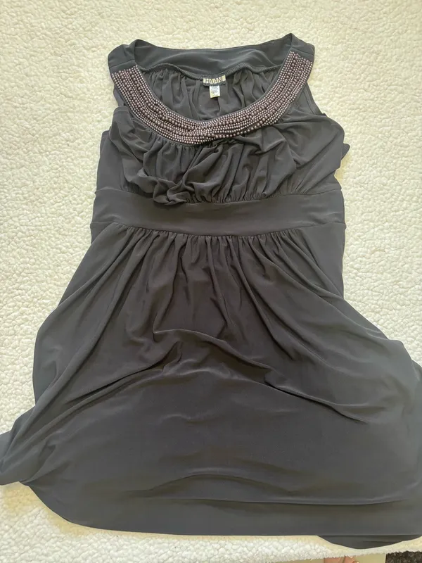 Haani Grecian Empire Waist Halter Beaded Maxi Dress Charcoal Gray Pleated Size L - Image 3