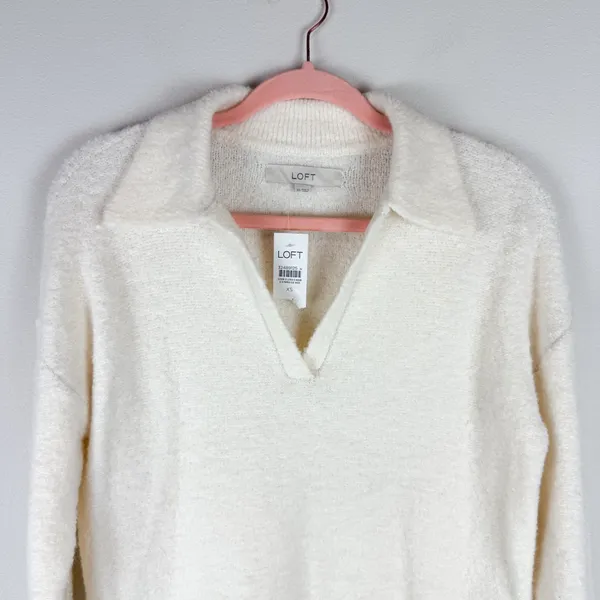 NWT LOFT Boucle Polo Sweater Ivory‎ Cream Soft Knit Size XS - Image 3