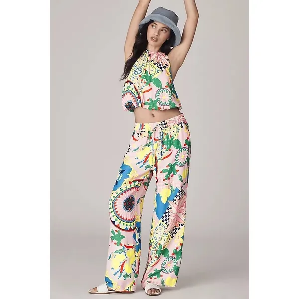 Anthropologie SET Pink Cactus Print Balloon Crop Top Wide‎ Leg Pants Set XS NWT - Image 2