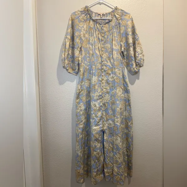 Rebecca Taylor Short‎ Sleeve Satin Leaf Floral 100% Cotton Maxi Dress Size 8 - Image 3