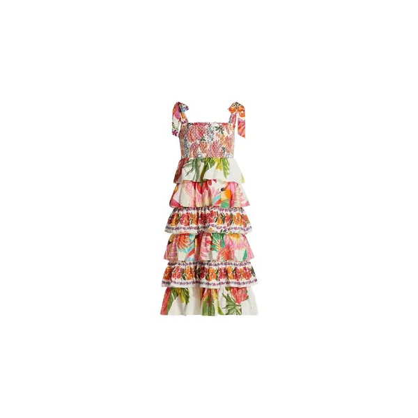 Farm Rio Mixed White Prints Layered Dress M Tropical Floral Tiered Linen Smocked - Image 7