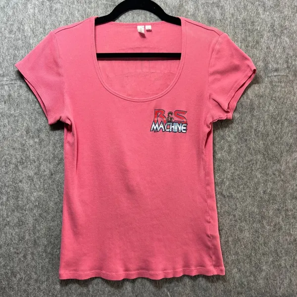 Vintage Y2K Baby Tee Pink Ribbed Cotton T-Shirt Large Automotive Graphic Racing‎ - Image 7