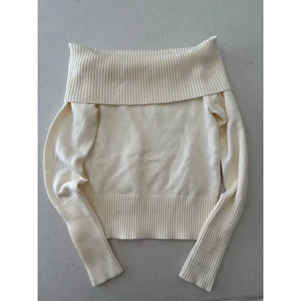 Women’s Ivory Off Shoulder Sweater Ribbed Foldover Cowl Neck Knit Pullover - Image 9