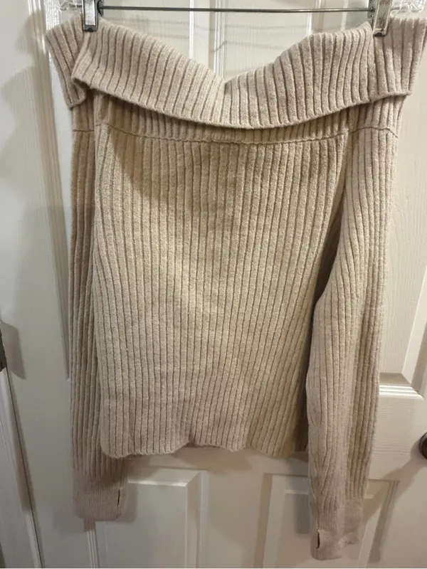 Aerie Off-Shoulder Ribbed Knit Sweater - Cream - Image 3
