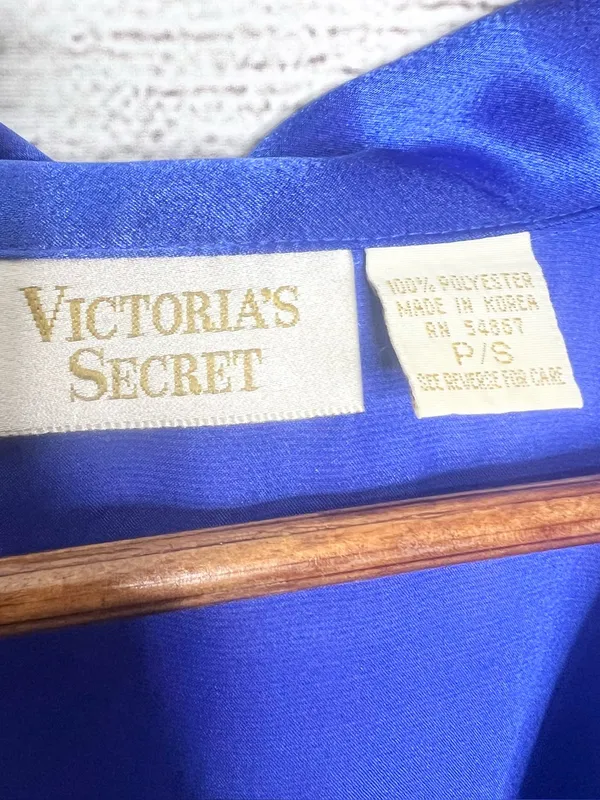 Vintage Victoria's Secret Gold Label Royal Blue Satin Button-Up Nightgown Small - Image 9