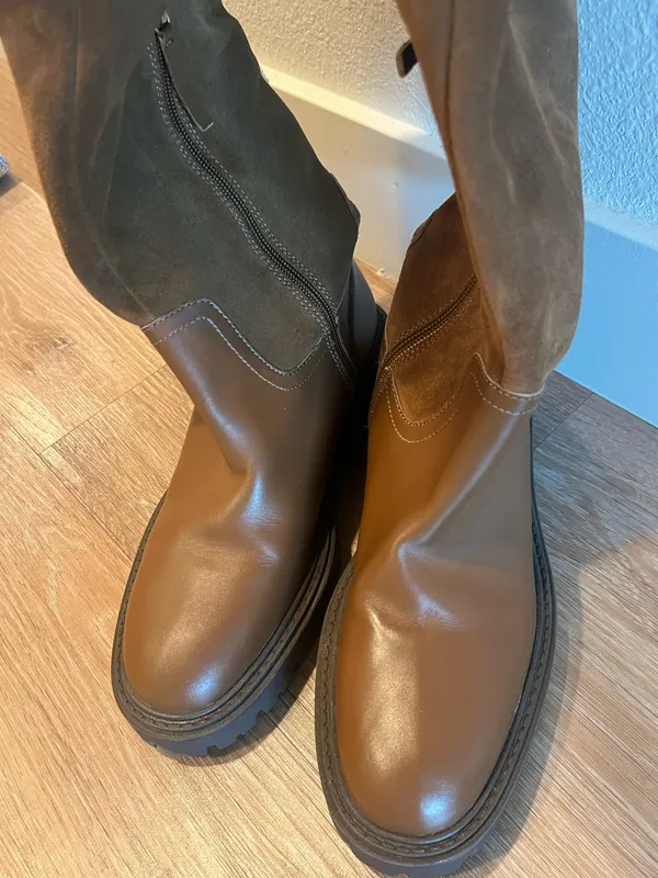 Zara Brown Cognac Chestnut Leather Suede Shearling Over the Knee High Tall Boots - Image 6