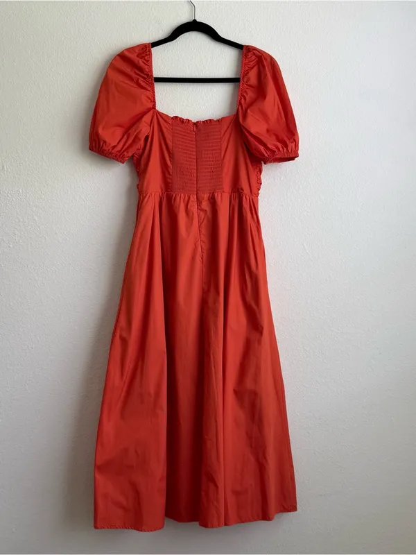 o.p.t. Square Neck Puff Sleeve Midi Dressu in Bright Orange - Image 2