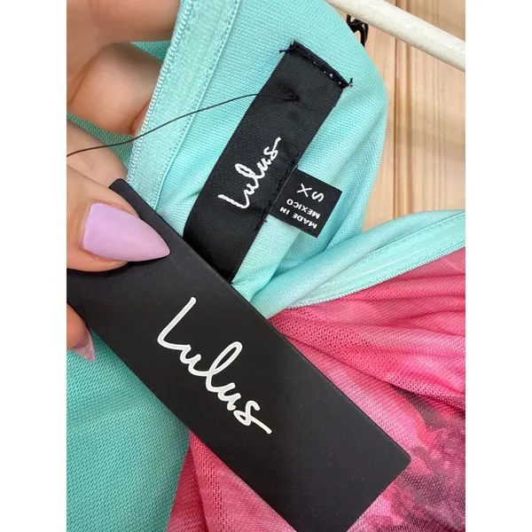 NWT Lulus Jeanna Aqua and Pink Floral Mesh Midi Dress Strapless Party Sz XS FLOW - Image 6