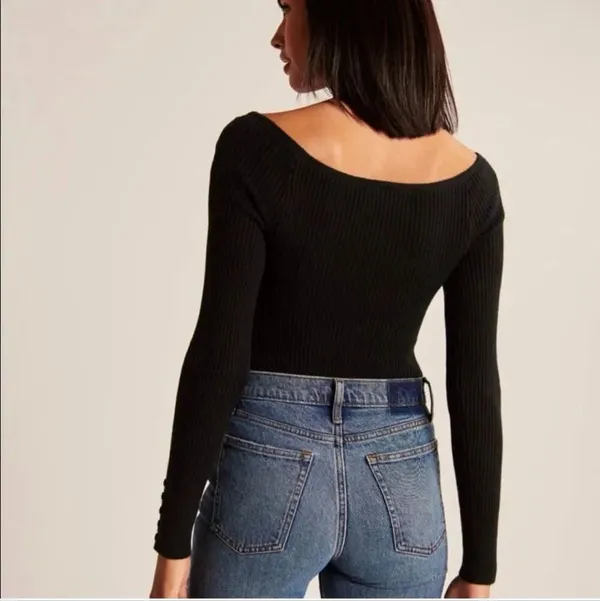Abercrombie & Fitch Black Off Shoulder Ribbed Long Sleeve Bodysuit Medium #1700 - Image 2