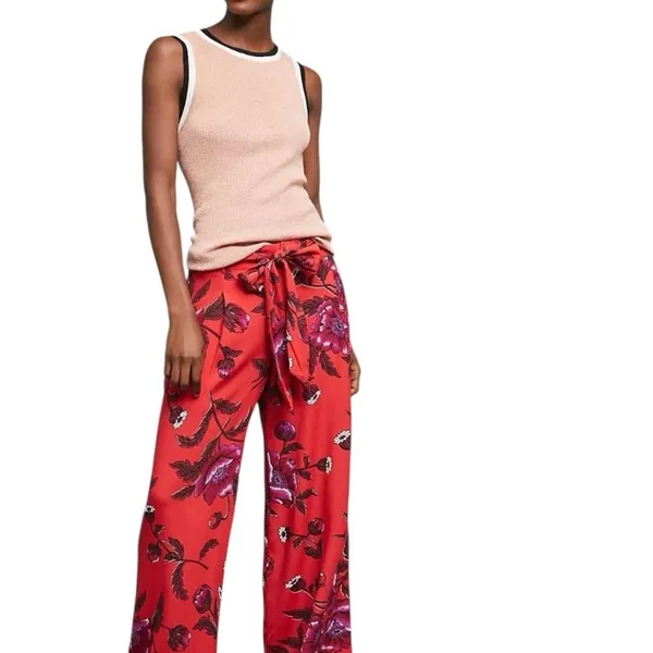 Anthropologie Wide Leg Floral Trousers paper bag spring lightweight Whimsical - Image 2