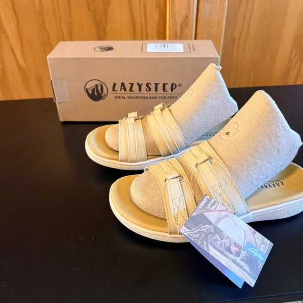 Lazystep Slide Sandals Size 6 Beige New Adjustable Double Strap Comfort Shoes - Image 2