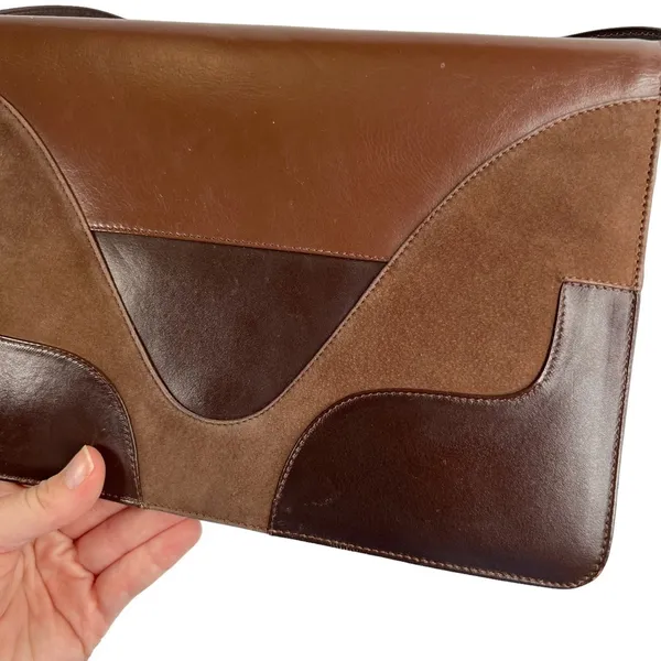 Brown Faux Leather & Suede Patchwork Front Shoulder Purse Bag - Image 3