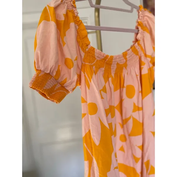 Free People Mila Floral Mini Dress S Boho‎ Puff Sleeve Smocked Pink Orange Beach - Image 3