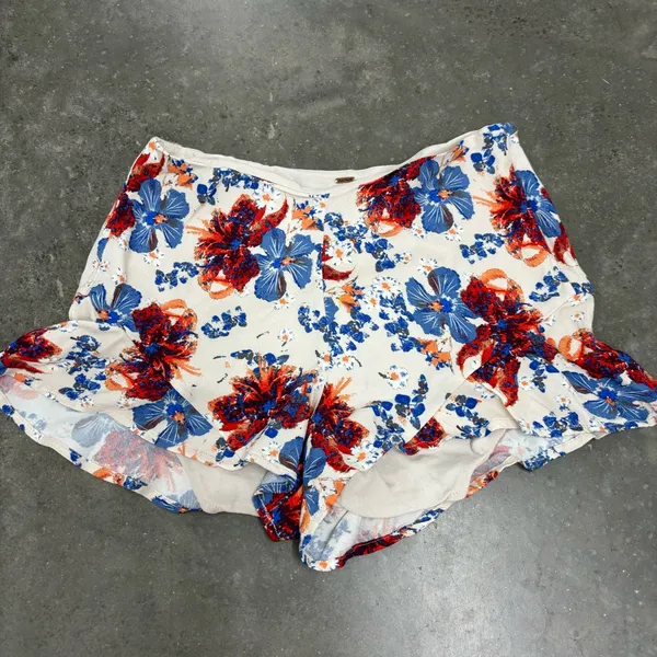 Free People High Waisted Floral Ruffle Shorts Blue Red Cream Coquette Womens 4 - Image 3