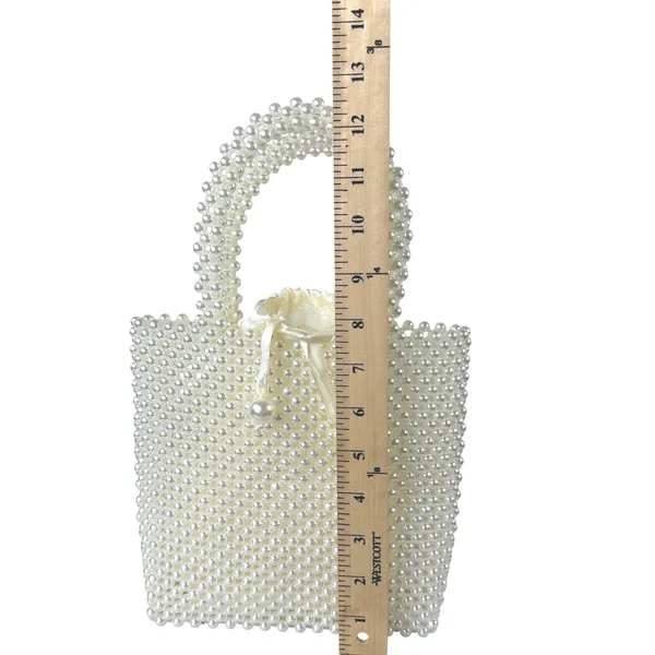 Faux Pearl‎ Beaded Tote Bag S Cream Satin Pouch Handle Bridal Wedding - Image 3