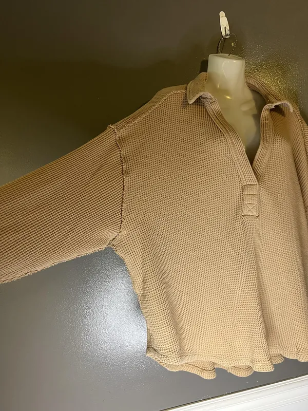 Aerie Shirt Womens XL Beige Collared Long Sleeve Thermal Waffle Knit Tunic Top - Image 5