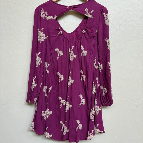 Free People Embroidered Mini Dress‎ V Neck Cutout Back Long Sleeve Pockets XS - Image 5