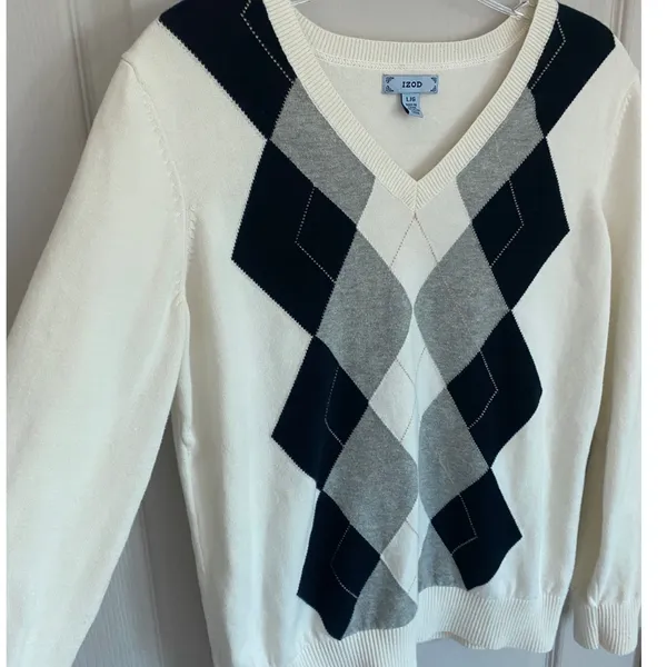 IZOD Womens Argyle V-Neck Sweater White Black Grey 100 Cotton Long Sleeve‎ L - Image 2