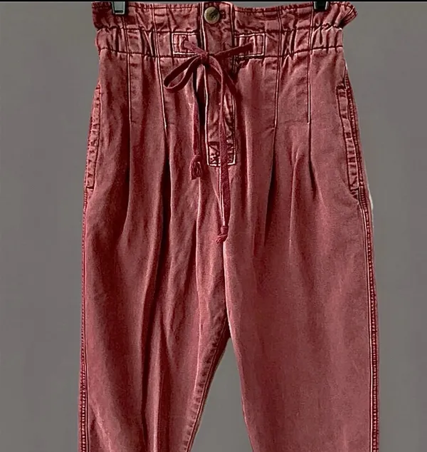 Free People NWOT Margate Pleated Paperbag Waist Burgundy Drawstring Pants, XS - Image 4