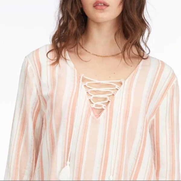 NWT BILLABONG Blue Skies Mini Beach Cover Up Tunic Dress Top Fringe Tie Medium - Image 2